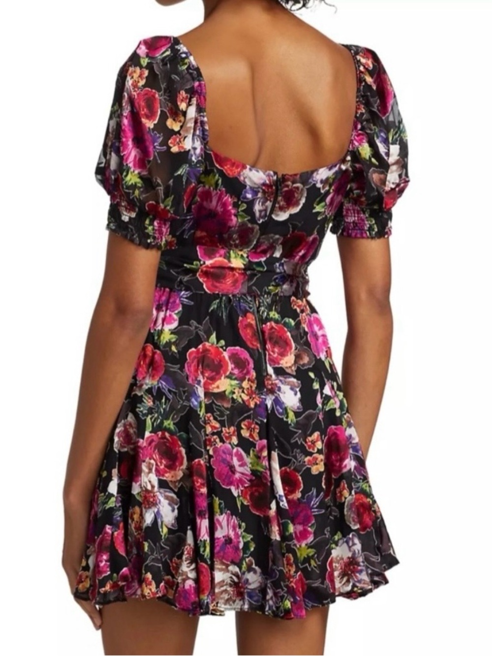 Alice + Olivia Black Mini Dress with Pink & Red Floral Print - Picture 3 of 6